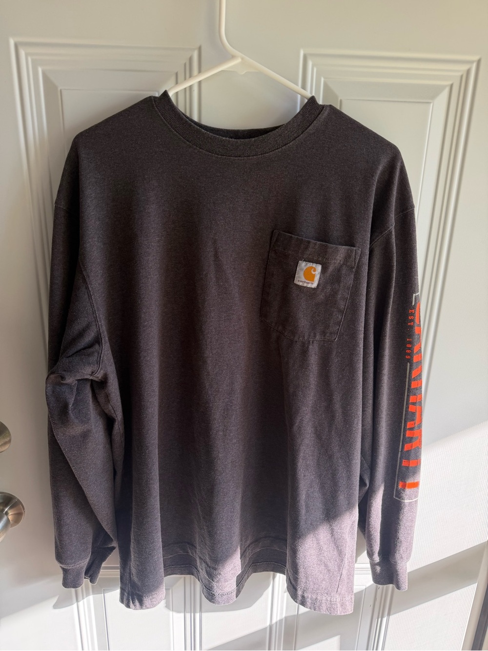 Carhartt Charcoal Long Sleeve Pocket Tee with Orange Sleeve Print